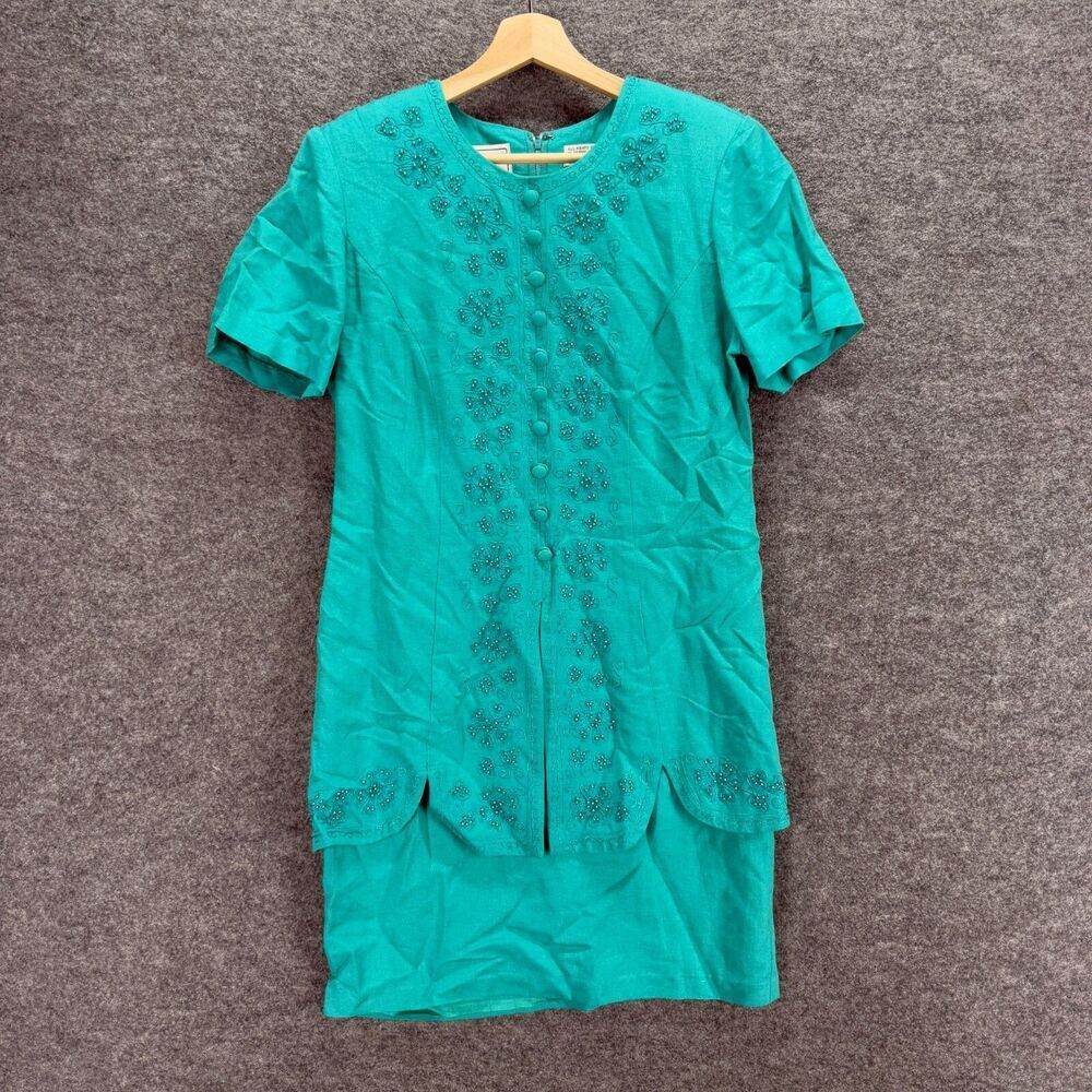 Karen Stevens Dress Women 10P Petite Blue Shift Midi Rhinestone Button Linen